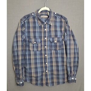 Y2K Paperdenim&cloth Mens Large Blue Plaid Button Down Shirt Epaulets‎ Cotton L